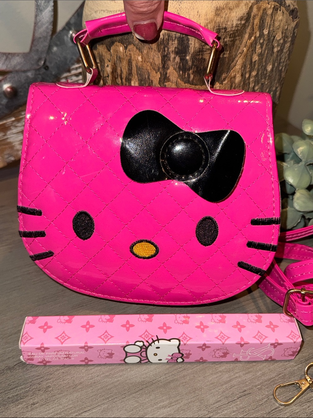 Hello Kitty Hot Pink Quilted Patent Crossbody Bag with Black Bow & Gift